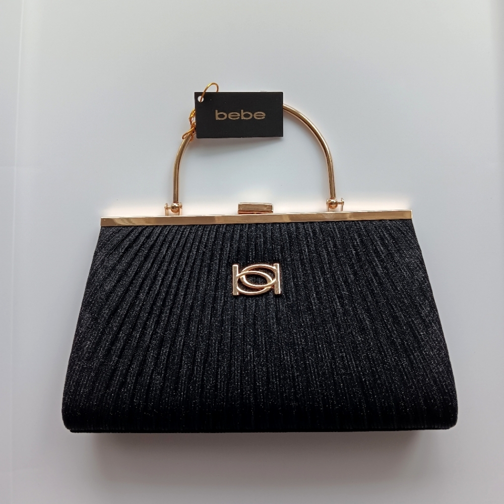 NEW bebe Formal Evening Bag Black Metallic Gold Pleated Snap Closure Clutch Gift